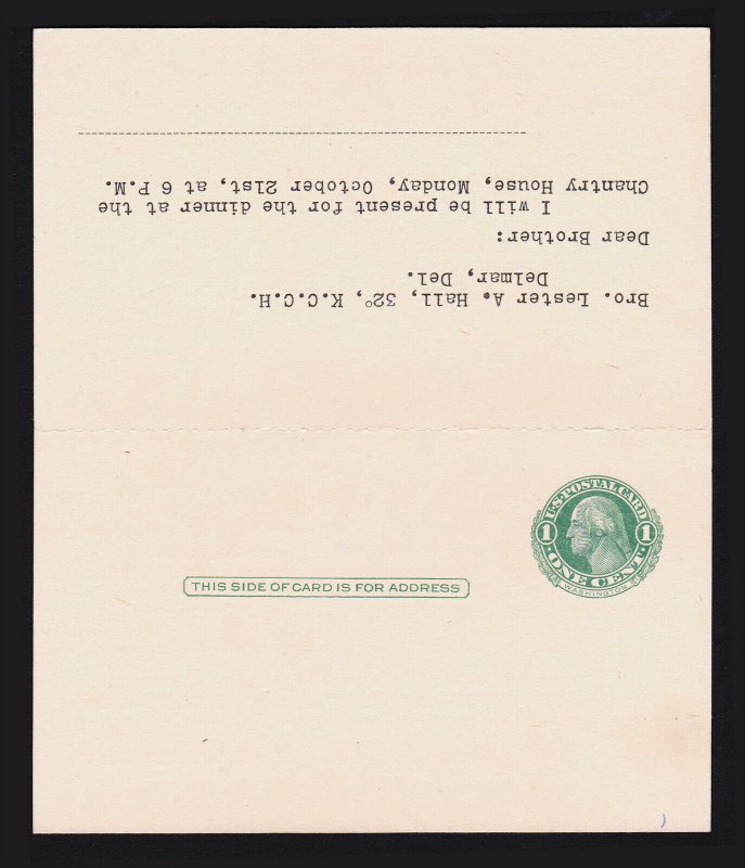 US REPLY CARD ENTIRE SCOTT #UY7 (PM4 + PR4) 1915 PREPRINTED MASONIC