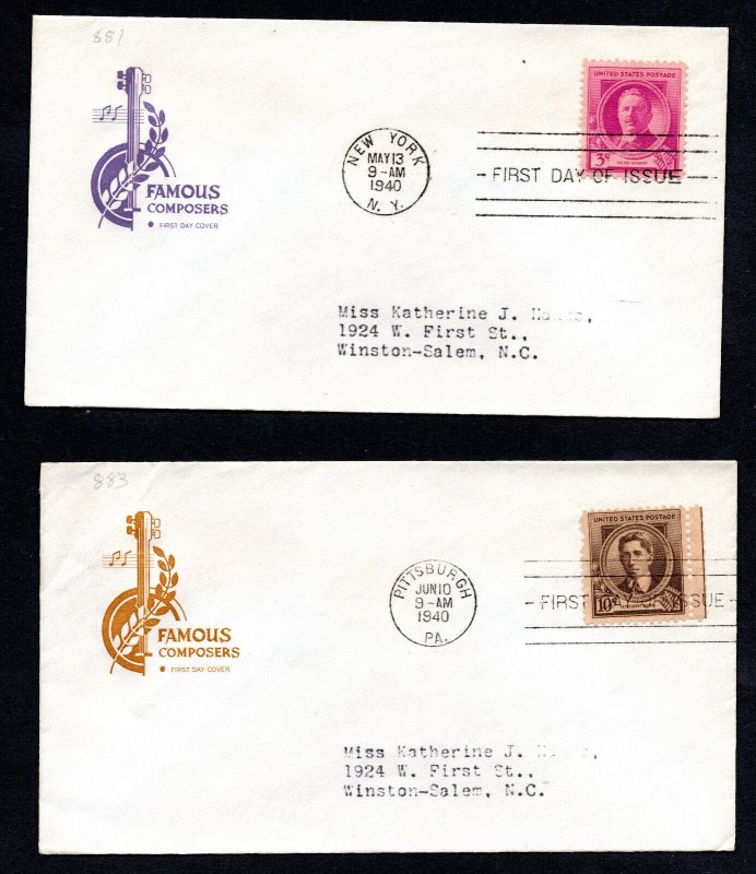 US  1940 Famous American Composers  #879-883 FDCs Used CV $20