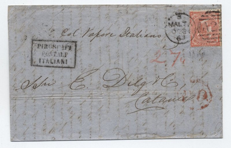 1863 Malta folded letter to Italy Great Britain #34 4d with hairlines [6521.202]