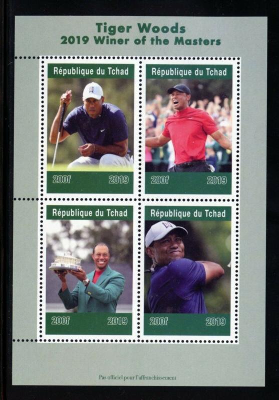 CHAD  2019  TIGER WOODS MASTERS WINNER SHEET OF FOUR  MINT NH
