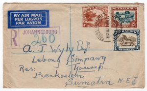 South Africa 4d, 1sh, 2sh6p reg. airmail to Dutch East Indies via Singapore 1937