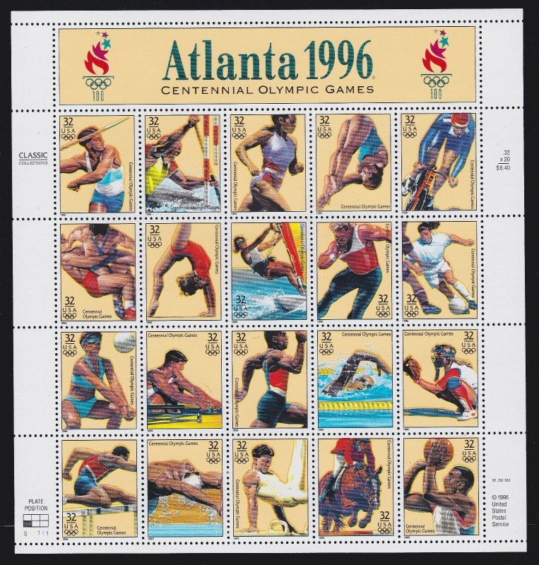 US 3068 32c Atlanta 1996 Centennial Olympic Games Mint Stamp Sheet NH OG