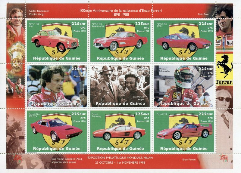 Guinea 1998 MNH Enzo Ferrari Michael Schumacher Villeneuve 9v M/S Cars Stamps