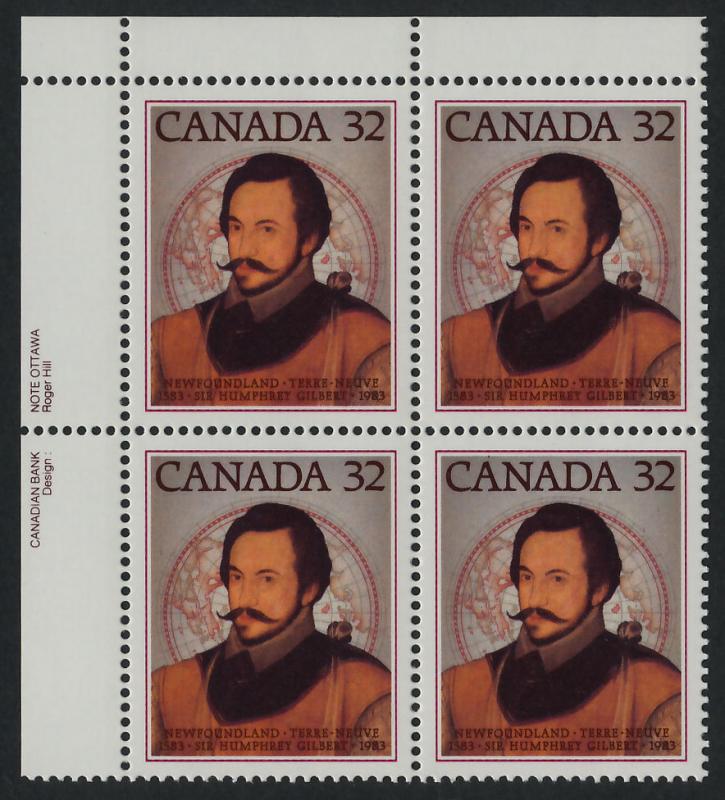 Canada 995 TL Plate Block MNH Sir Humphrey Gilbert, Newfoundland Map