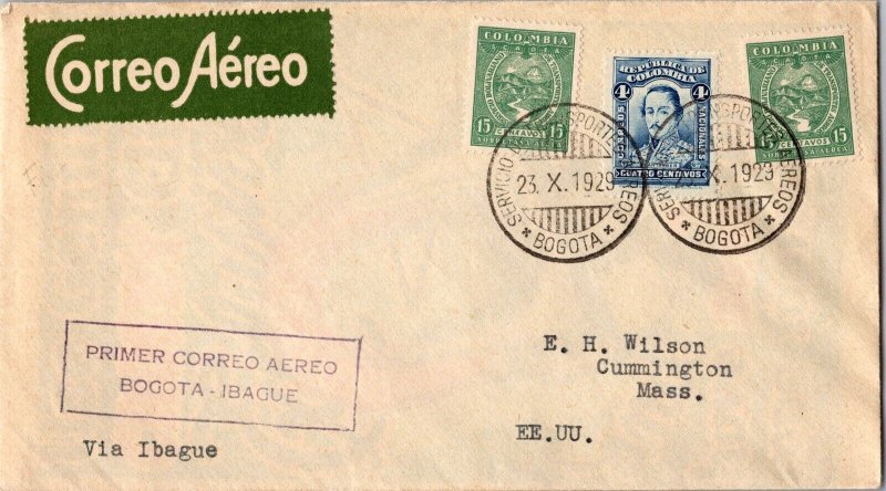1929 Bogota Colombia First Flight cover FFC to Ibague 175 Flown