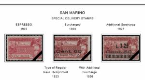 COLOR PRINTED SAN MARINO [CLASS.] 1877-1943 STAMP ALBUM PAGES (24 illust. pages)