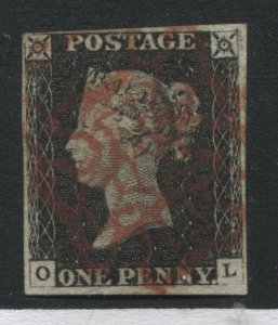1840 Penny Black lettered OL used with red MX and 4 margins 