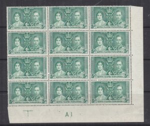 KENYA, UGANDA & TANGANYIKA, 1937 Coronation, 5c. Green, Pl. A1, block of 12, mnh