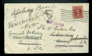 Multiple forwarded in USA  3c 1938, tear upper left. cover Canada