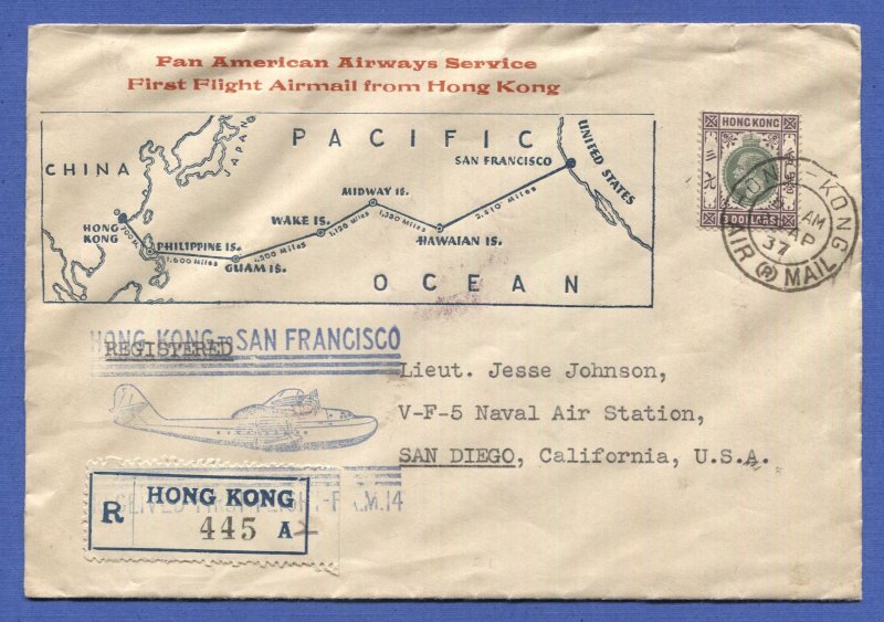 HONG KONG CHINA 1937 FAM-14 Clipper Reg. First Flight to San Francisco, $3 solo