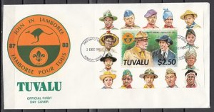 Tuvalu, Scott cat. 464. Australian Scout Jamboree s/sheet. First day cover. ^