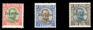 Iceland #C9-11 Cat$109, 1931 Zeppelin, set of three, 1k never hinged, other t...