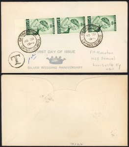 Cayman Islands 1948 1/2d RSW x3 on taxed first day cover to USA circular T mark