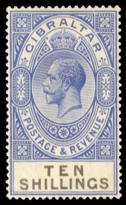 Gibraltar #91 Cat$37.50, 1921 10sh ultramarine and black, hinged