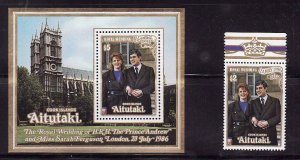 Aitutaki-Sc#397-8- id7-unusd NH set + sheet -Royal Wedding-Prince Andrew-1986-