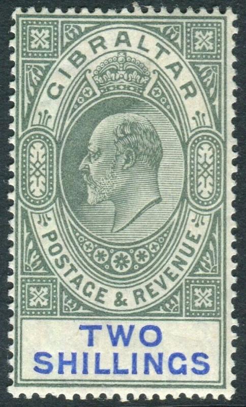 GIBRALTAR-1904-8 2/- Green & Blue.  A lightly mounted mint example Sg 62