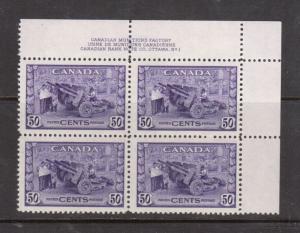 Canada #261 Very Fine Never Hinged Plate #1 UR Block