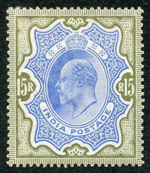 India SG146 1909 KEVII 15r blue and olive-brown M/M with fine colour