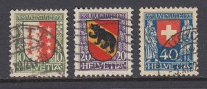 Switzerland Sc B18-B20 used. 1921 Coat of Arms semi postals cplt, sound, F-VF.