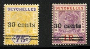 Seychelles #34-35a Cat$50, 1902 30c on 75c and 30c on 1r, both with narrow O...