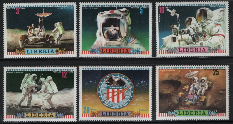 LIBERIA, 599-604, (6) SET,  MNH, 1972, Apollo 16 US moon mission