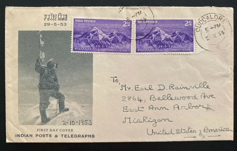 1953 Cuddalore India Mount Everest Conquest First Day Cover to Ann Harbor USA