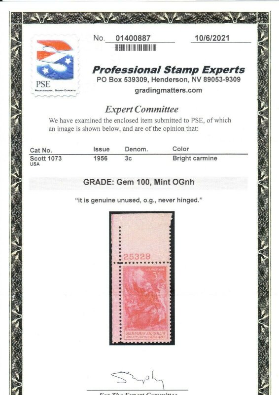 MOstamps - US #1073 Mint OG NH Graded 100 with PSE Cert - Lot # MO-3489 SMQ $165