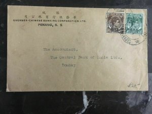 1940s Malaya Penang Oversea Chinese Banking Cover To Bombay India