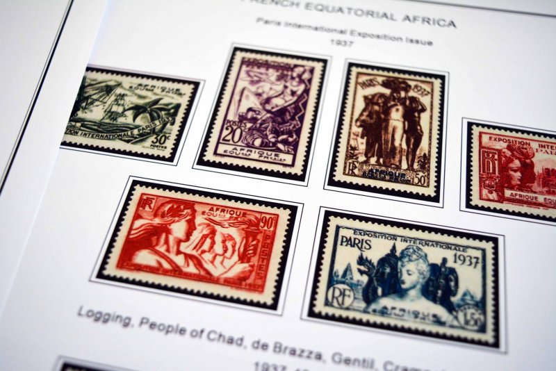 COLOR PRINTED FRENCH EQT. AFRICA 1936-1958 STAMP ALBUM PAGES (30 illustr. pages)