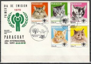 Paraguay, Scott cat. 1908 A-E only. Cats & Year of the Child. First day cover. ^