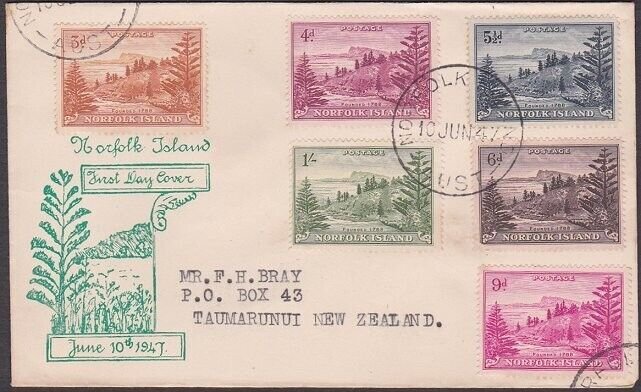 NORFOLK IS 1947 Ball Bay values to 1/- on FDC...............................X190