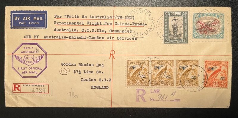 1934 Registered Papua New Guinea Airmail Cover Port Moresby to London England