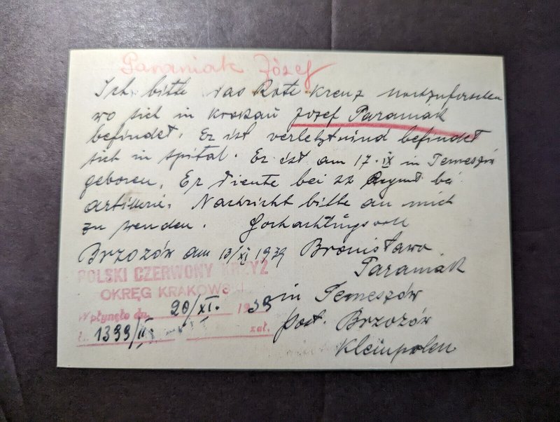 1939 Germany Poland WWII Red Cross Postcard Cover to Krakow