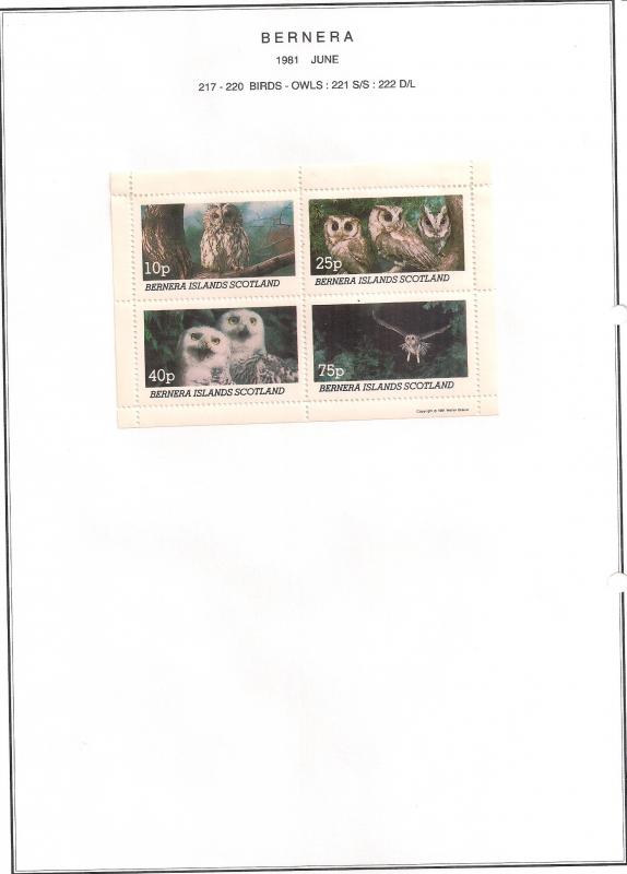 SCOTLAND - BERNERA - 1981 - Birds, Owls - 4v Perf Sheet - MLH