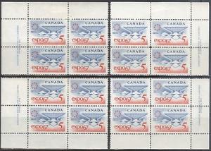 Canada #469 EXPO '67 1967 4 Matched No.1 Plate Block of 4...