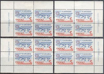 Canada #469 EXPO '67 1967 4 Matched No.1 Plate Block of 4...