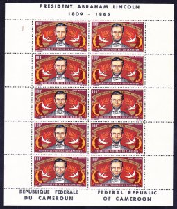 Cameroun C53a MNH 1965 Abraham Lincoln Death Anniversary Sheet of 10 Very Fine