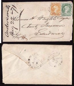 Canada cover #11217-1c+2c Large Queens-registered- Amherstburg, Ont-Aug 22 1871