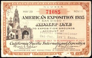 1935 US Admission Ticket California Pacific International Exposition San Diego