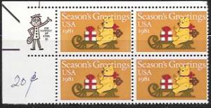 US #1940 MNH Zip Code Block. Bear on Sled - Christmas