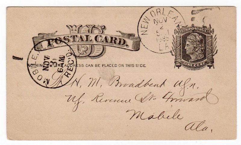 LIberty 1c postal card incoming to Revenue Steamer Forward Alabama 1885