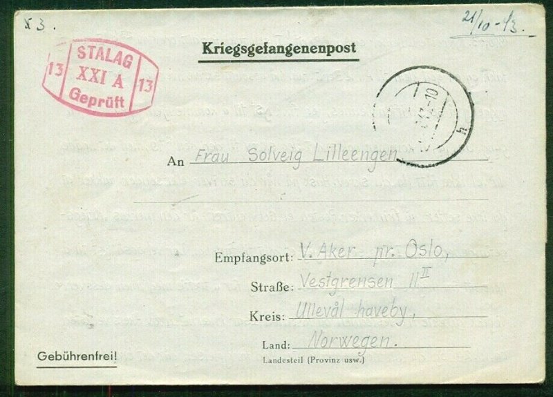 NORWAY 1943, P.O.W. in Germany cover (Stalag XXIA), VF 