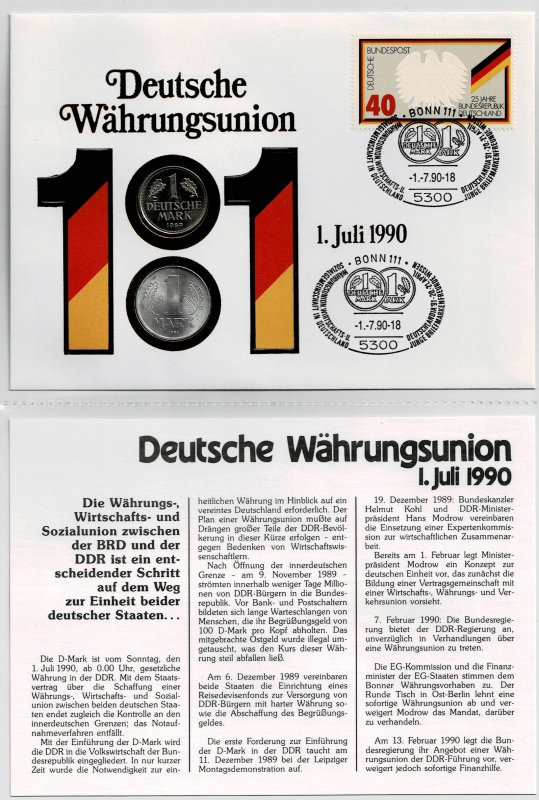 Germany 1990, German monetary union. , coin cover