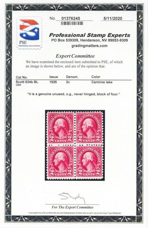 634b, VF NH Block RARE Carmine Lake Color PSE Certificate CV $1700 - Stuart Katz 