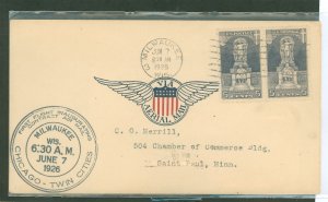 US 628 1st Flight Milwaukee Wis. to St. Paul Minn. Roessler cachet June 7, 1926 addressed.