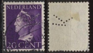 Netherlands 221 (used “K” perfin) 20c Queen Wilhelmina, purple (1940)