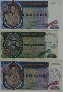 Zaire 3 banknotes/ vf