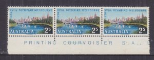 AUSTRALIA, 1956 Olympic Games, 2s. Melbourne, Imprint Strip of 3, lhm./hhm.