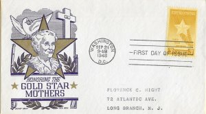 1948 FDC, #969, 3c Gold Star Mothers, CC/Boll
