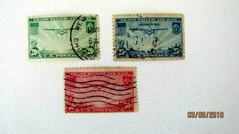 US Airmail #C20-22,Used/Fine/HR, 1935/1937 Trans-Pacific Issue